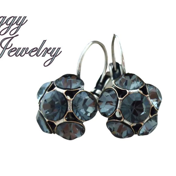 Silver Night Flower Cluster Earrings, Made with Genuine Austrian Crystals - Picture 1 of 7